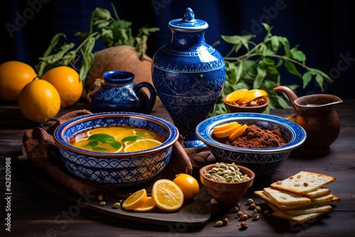 Iranian Cuisine Served in Traditional Blue Dishes: Colorful Market Pottery with Food, Tea, Cups and Desserts in Clay Pots (AR 3:2): Generative AI
