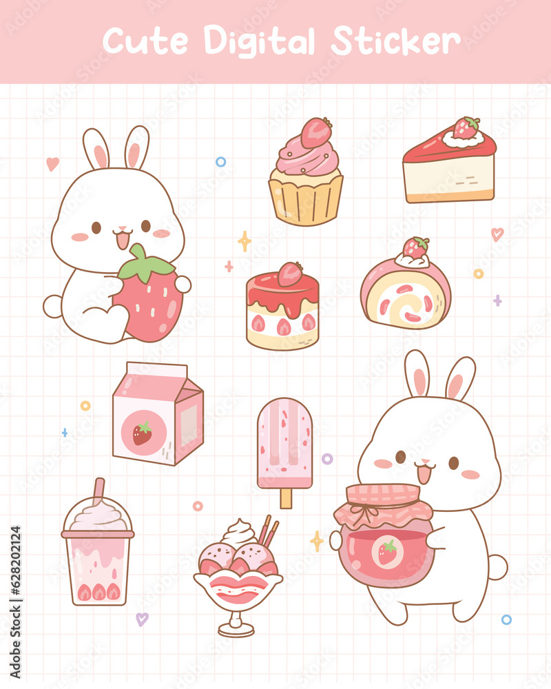 Fototapeta premium Cute Digital Sticker Rabbit Strawberry Dessert