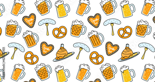 Octoberfest elements seamless pattern. Background with beer, pretzel, beer, sausage and other German food. Traditional Bavarian decoration. 