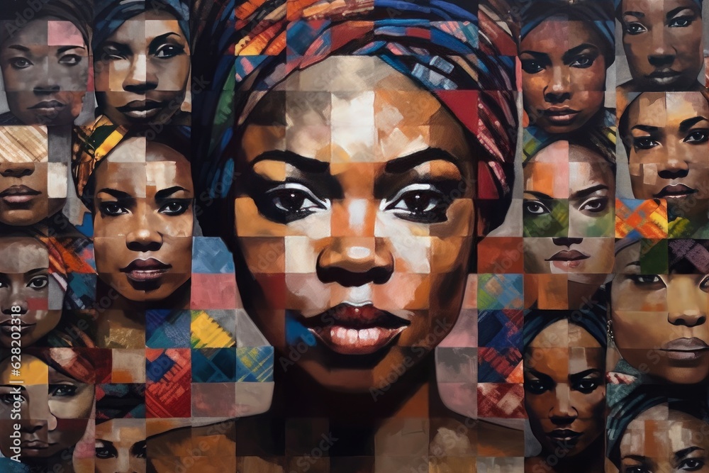 A painting with many black women on it, in the style of mosaic-inspired realism. Generative AI. - obrazy, fototapety, plakaty 