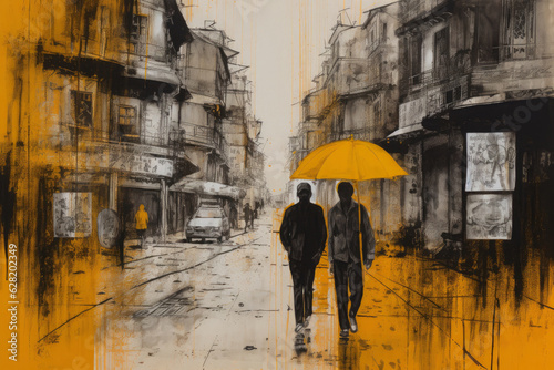 A painted street scene of two people with a yellow umbrella, in the style of monochrome toning. Himalayan art. Generative AI.