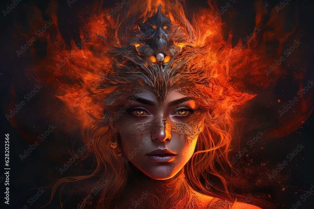 A woman in a horned head with fire in her hair, in the style of realistic hyper-detailed portraits. Generative AI.
