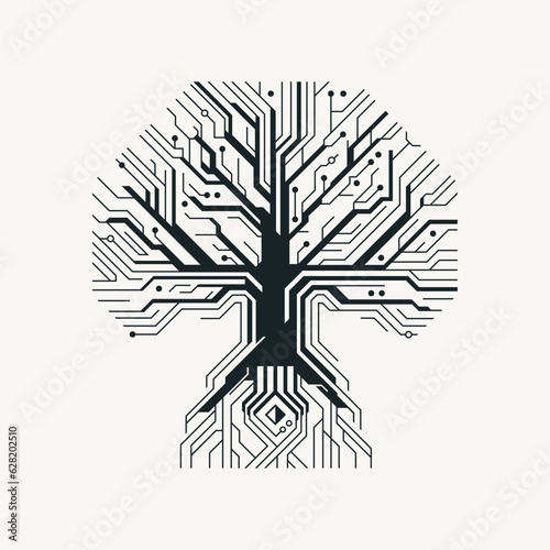 Digital tree stylized as an computer electronic microcircuit pattern with chip tracks.