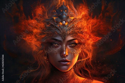 A woman in a horned head with fire in her hair, in the style of realistic hyper-detailed portraits. Generative AI.