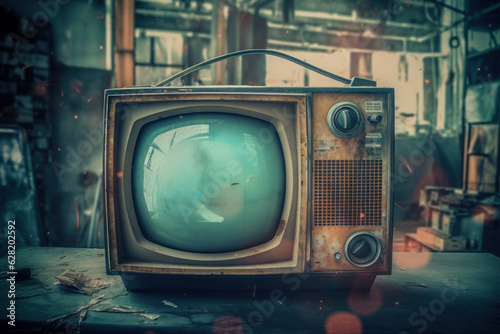 An antique television that was left in an abandoned warehouse, in the style of retro filters, science-fiction dystopias. Generative AI.