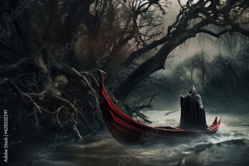 A cloak in a boat on a river beneath a tree, in the style of gothic dark and macabre. Generative AI.