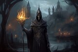 A grim reaper standing by a castle with a torch, in the style of tenebrism mastery, dark gray. Generative AI.