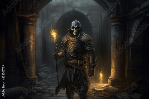 A dark knight with a torch in an underground corridor, skull motifs. Generative AI.