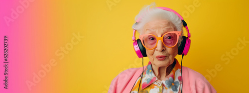 Studio portrait of eccentric elderly woman listening to music on headphones, colorful pink and yellow background photo