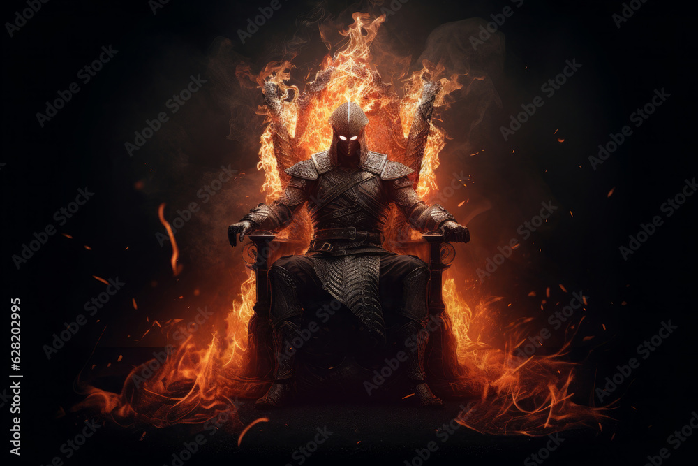 Hd background of warrior in fire sits on the throne, in the style of photorealistic renderings, stark contrast of light and shadow. Generative AI.