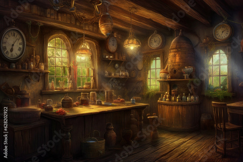 A kitchen with old furniture and clocks, in the style of epic fantasy scenes, smooth brushwork, detailed dreamscapes. Generative AI.