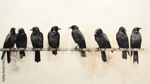 A illustration of a murder of crows standing on a long tree branch