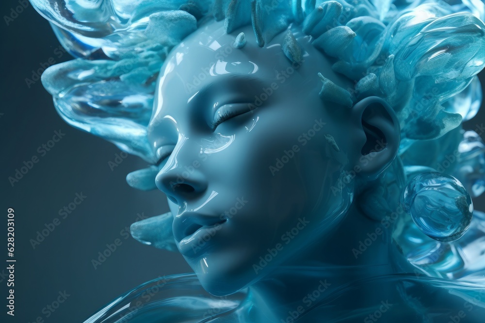 Images of 3d female heads in transparent water, in the style of futuristic sci-fi aesthetic. Generative AI.