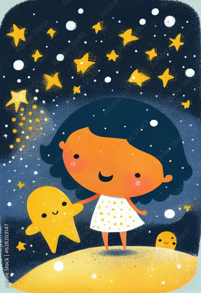 Cover book of kid standing on universe with cute little stars Created with Generative AI technology.