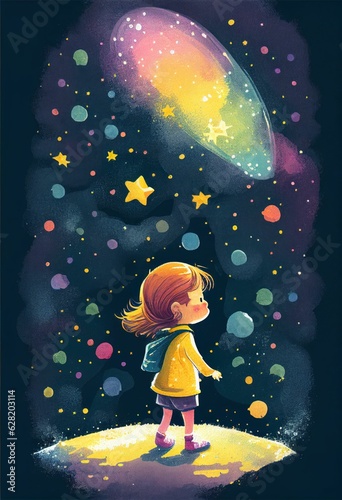 Cover book of kid standing on universe with cute little stars Created with Generative AI technology.