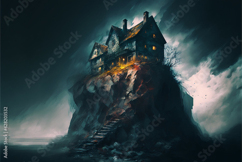 Haunting solitude  a gloomy house on a rocky shore against a dark abstract ocean  Generative AI