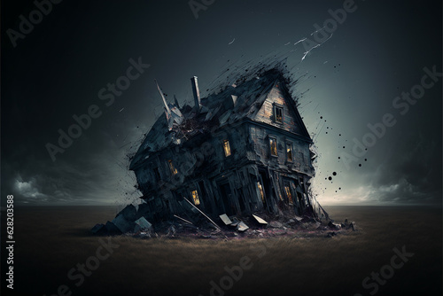 Haunting solitude: a gloomy house on a rocky shore against a dark abstract ocean, Generative AI