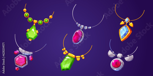 Cartoon set of precious necklaces isolated on background. Vector illustration of golden, silver, iron chains decorated with color gemstones. Medieval royal treasure, witchcraft accessory, game assets