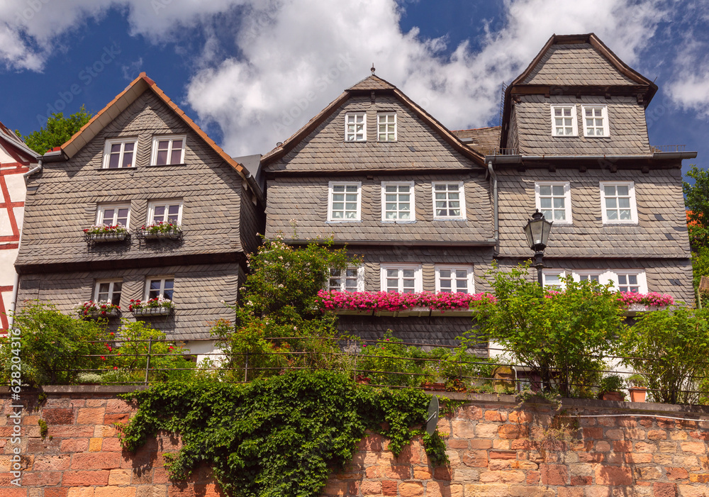 Beautiful facades of old German half-timbered houses in Marburg.