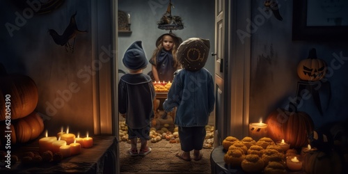 Halloween Children Dressing Up, Standing in Front of a Closed House Door with Sweets, Embracing the Mysterious Halloween Ambiance in Dark Blue and Black, Lit by Candlelight and Playful Expressio photo