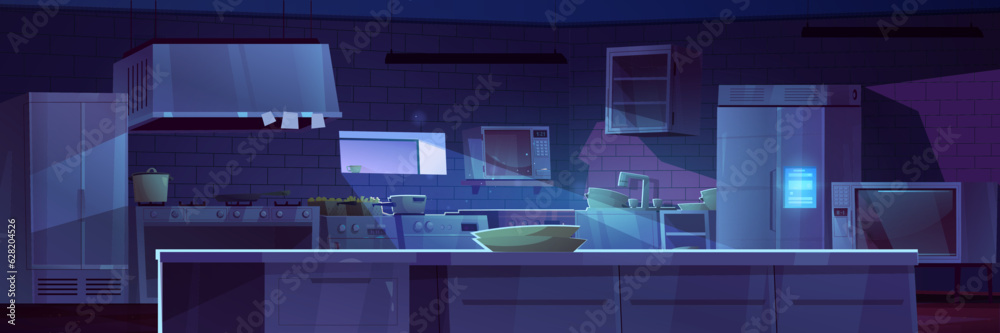 Professional kitchen interior at night. Vector cartoon illustration of ...