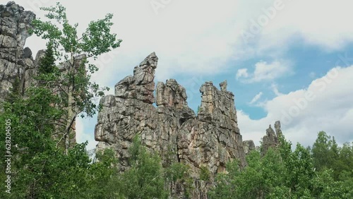 Scenery view of Inzerskie Zubchatki mountains. Inzerkiye mountain range in Tirlyanskiy village, Bashkortostan. Famous stone pylons in Ural mountains photo