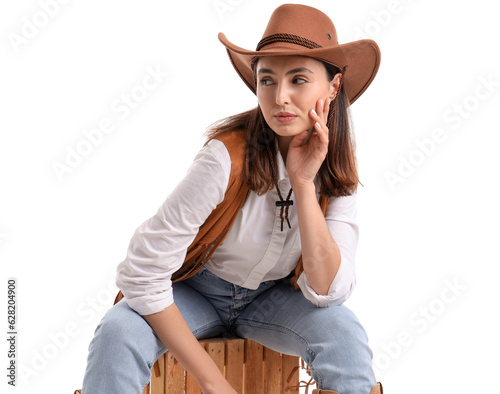 Beautiful cowgirl sitting o...