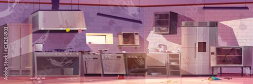 Abandoned restaurant kitchen interior. Vector cartoon illustration of messy large room with dirty cooking equipment, stains and cobweb on furniture, broken fridge, oven, microwave, garbage on floor