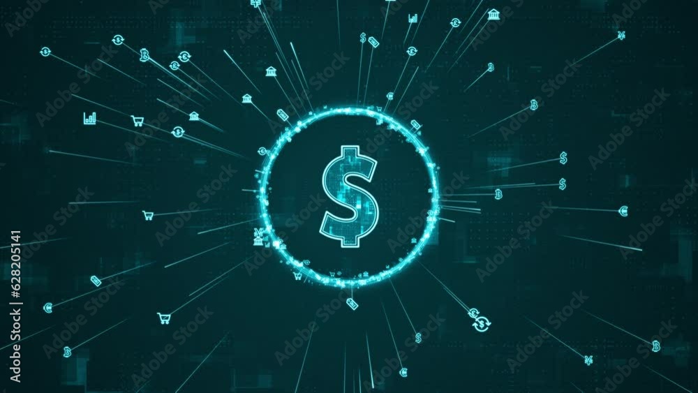 Motion graphic of Blue digital money logo and ring rotation around logo with ai icon spread and line linked on abstract background with crypto currency finance and digital money concepts	