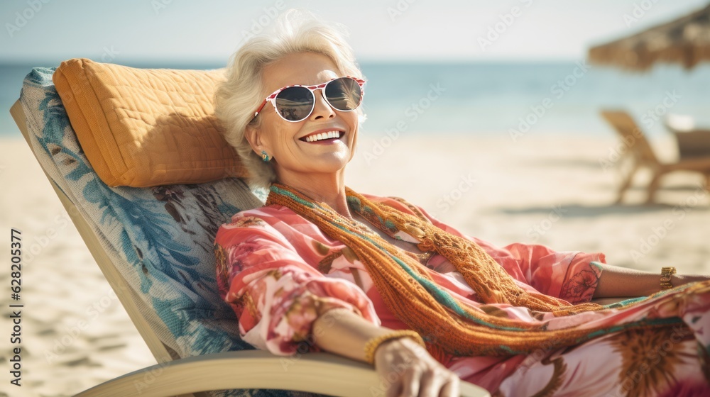 smile of senior woman on vacation.  sand ocean smiling beach sunbed lying down. 