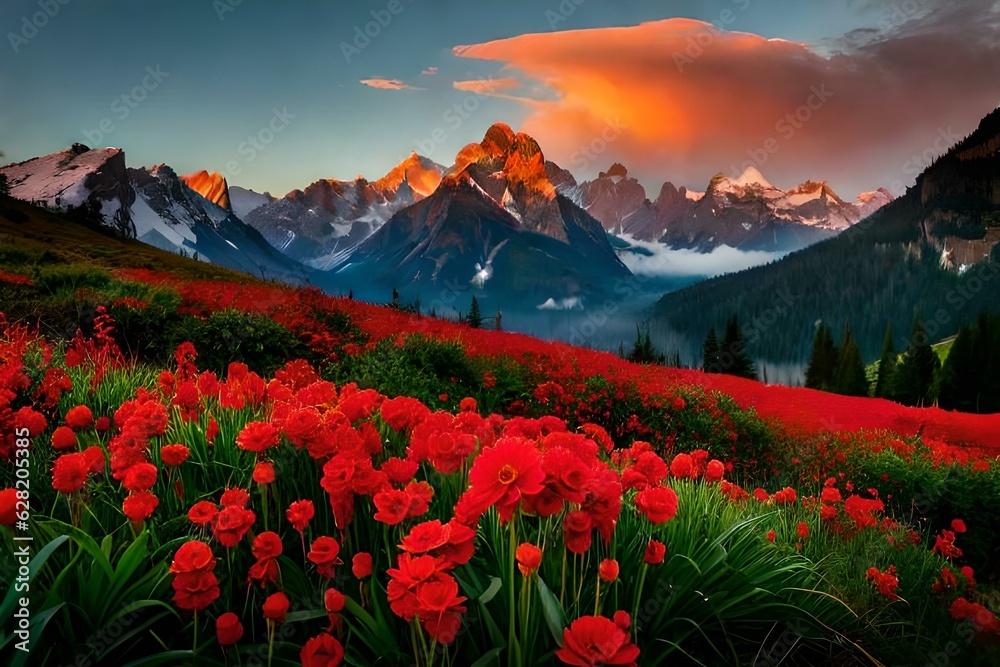 sunset in the rose flowers mountains.generated Ai technology