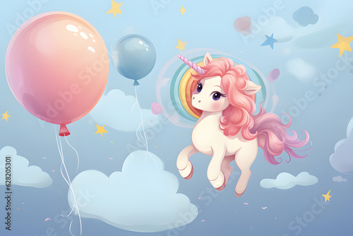 cute unicorn,very happy,gallopping,moon,star,balloon,pastel color,flat cartoon.