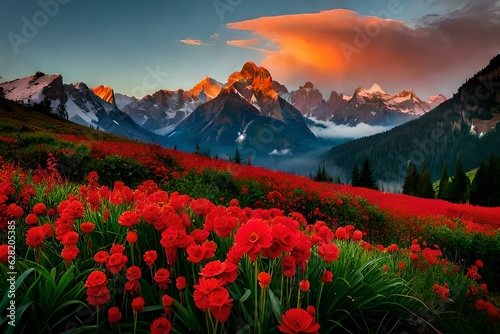 sunset in the rose flowers mountains.generated Ai technology