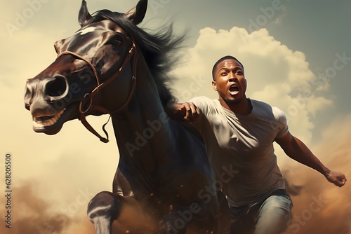 Fototapeta A handsome black man falling from a running horse