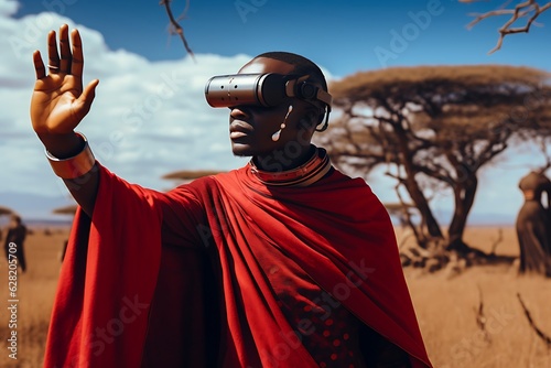 a maasai in a savannah wearing virtual reality headset  photo