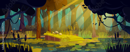 Deep forest landscape with swamp. Vector cartoon illustration of mysterious woodland with old trees, mushrooms on green glade, water lily leaves on lake surrounded with reeds, bright sunlight beams