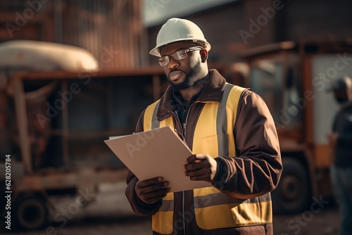 a man wearing a hard hat and holding a clipboard