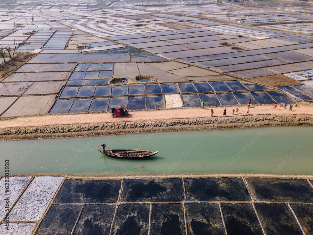 Fototapeta premium Aerial view of natural salt field on the coast of bashkhali Island in Chittagong, Bangladesh.