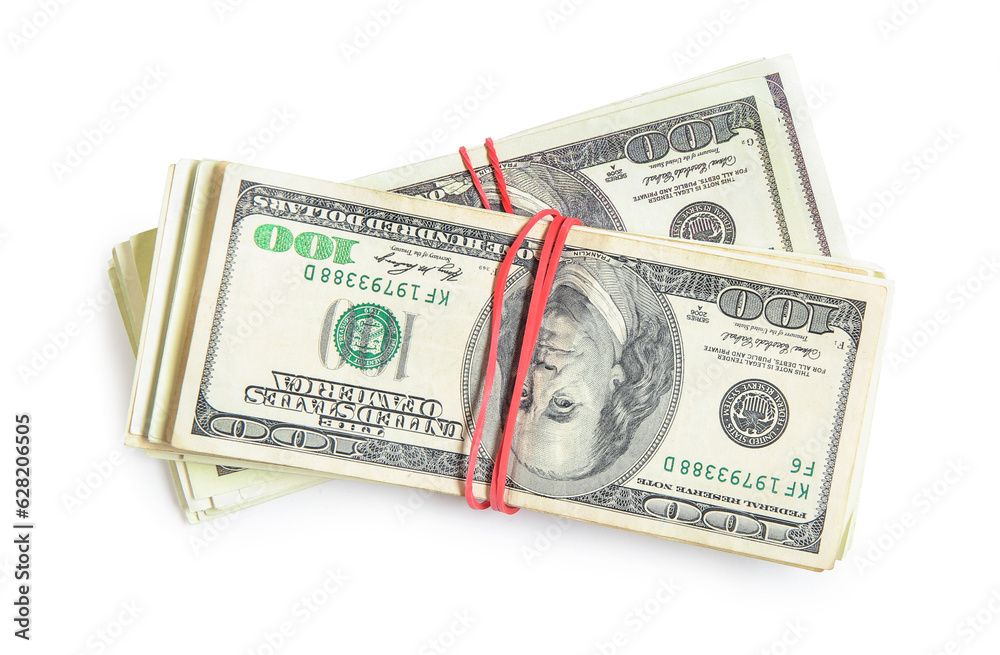 Dollar banknotes tied with rubber bands on white background Dollar banknotes tied with rubber bands on white background