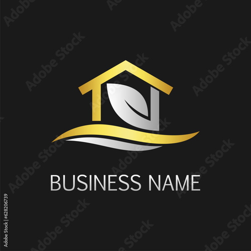 Gold eco house nature logo vector image
