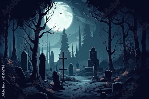 Graveyard in creepy forest in dark night gloomy creepy graves. Generative AI