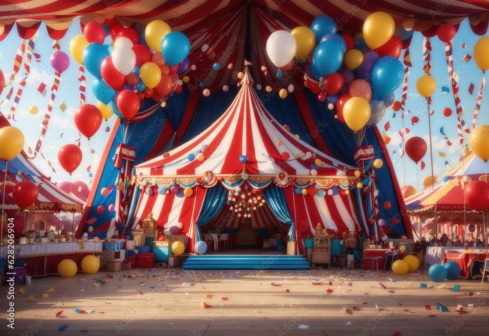 Circus tent with balloons and confetti background - obrazy, fototapety, plakaty 