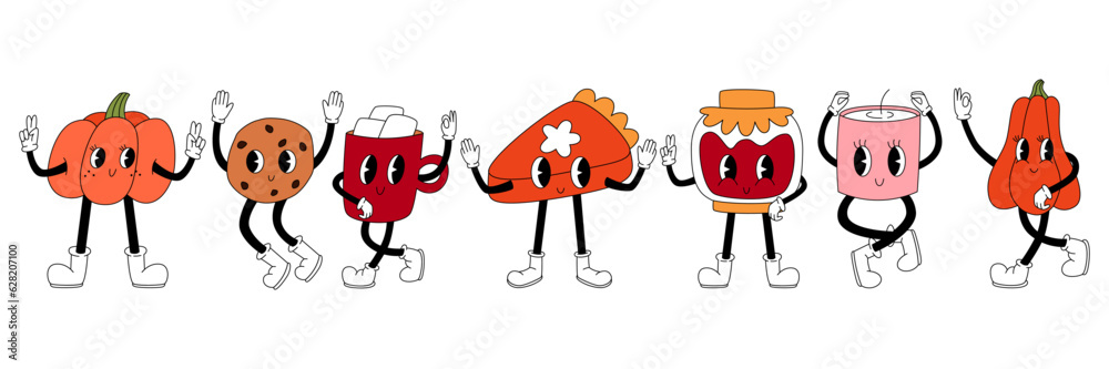 Set 70s, 80s groovy hippie characters. Pumpkin, jar of jam, candle, cookie, mug with cocoa and marshmallow, pumpkin pie characters. Autumn and fall holidays, halloween, thanksgiving day. Set 70s, 80s groovy hippie characters. Pumpkin, jar of jam, candle, cookie, mug with cocoa and marshmallow, pumpkin pie characters. Autumn and fall holidays, halloween, thanksgiving day.