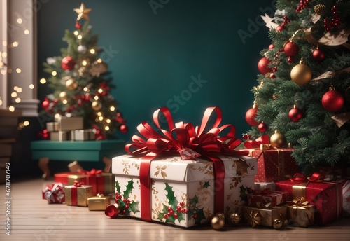 Christmas gift box in studio decoration background