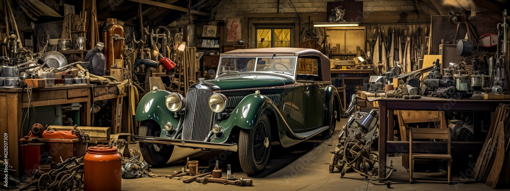 retro veteran car in garage with workshop, banner made with Generative AI