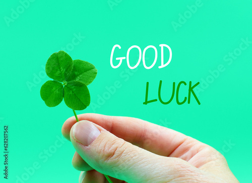 Four-leaf clover in a hand, isolated on a green background. 'Good luck' card. Concept St. patricks day, success,... © nipa
