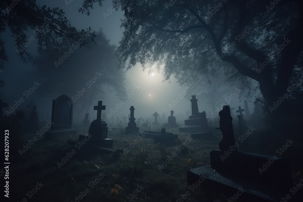 Graveyard in creepy forest in dark night gloomy creepy graves. Generative AI