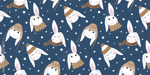 Christmas pattern with snowflakes and cute bunny on dark blue background, vector winter illustration