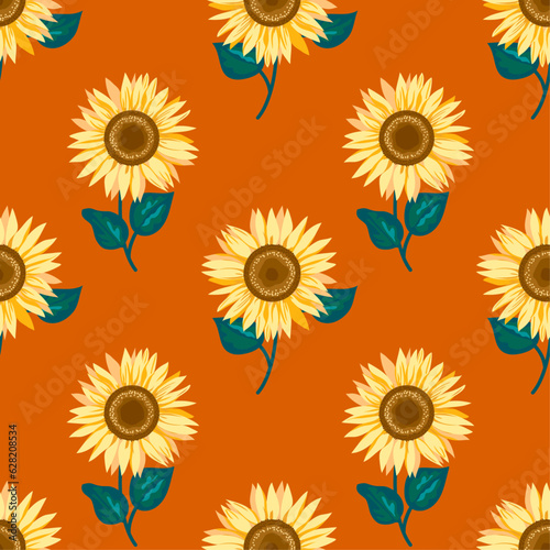 Yellow sunflower seamless pattern on orange color  background. Decorative cute floral vector illustration.  Textile, fabric print design