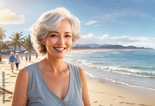 Beautiful smile mature senior woman on beach coast